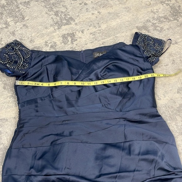 New La Femme Navy Beaded Off the Shoulder Sweetheart Ruched Satin Mermaid Gown - Picture 12 of 13